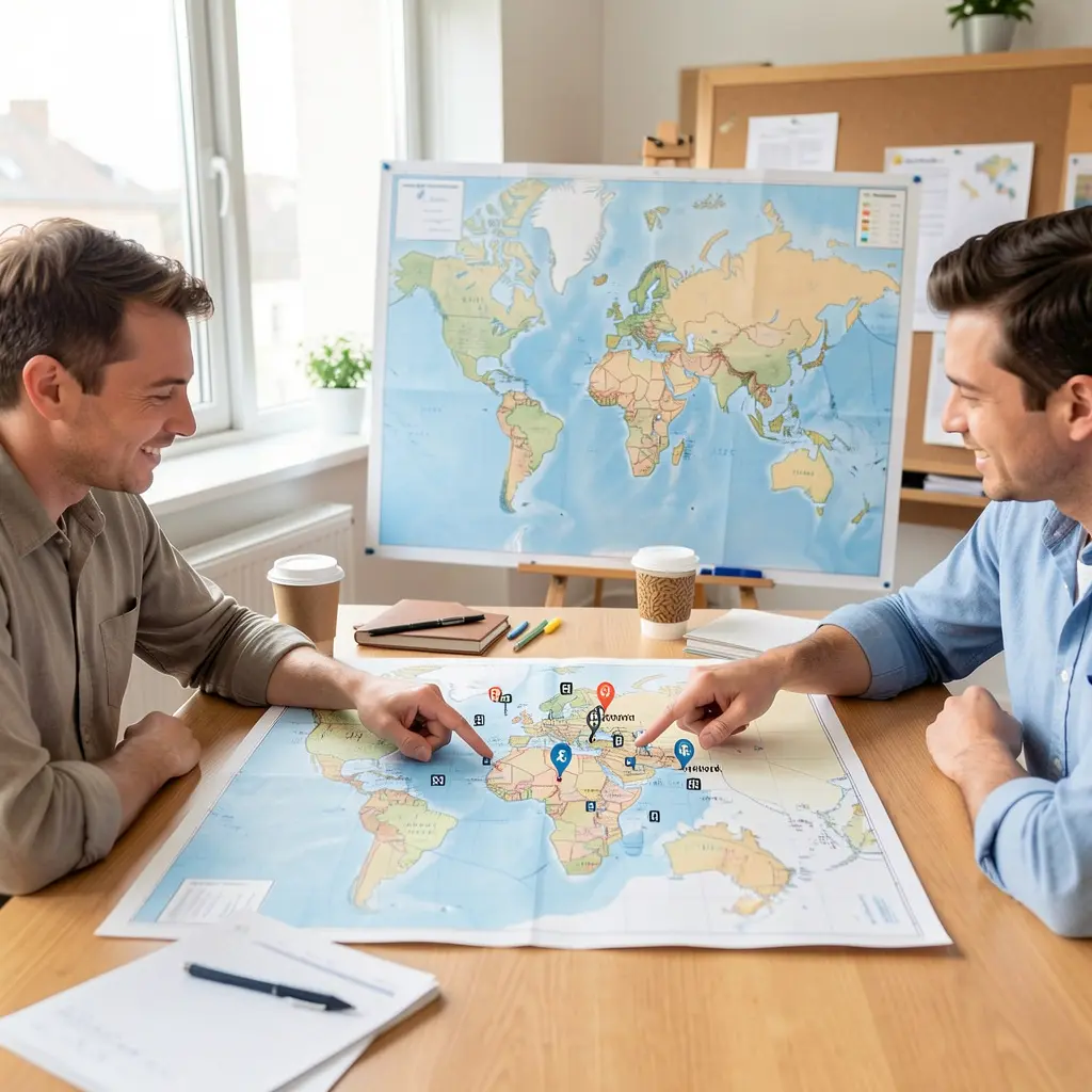 Travel planning consultation with world map